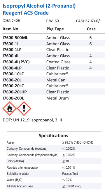 Aqua Solutions Isopropyl Alcohol (2-Propanol) Reagent ACS Grade catalog panel