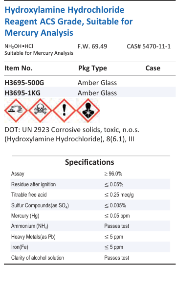 Aqua Solutions Hydroxylamine Hydrochloride Reagent ACS Grade, Suitable for Mercury Analysis catalog panel