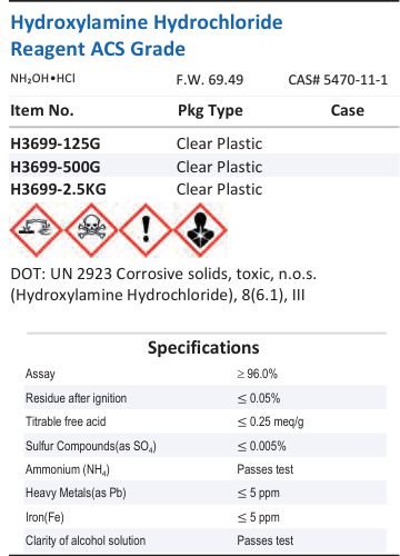 Aqua Solutions Hydroxylamine Hydrochloride Reagent ACS Grade catalog panel