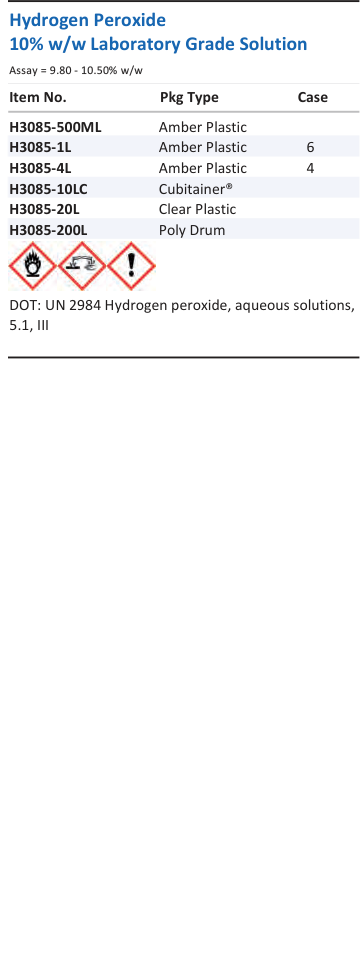 Aqua Solutions Hydrogen Peroxide 10% w/w Laboratory Grade Solution catalog panel