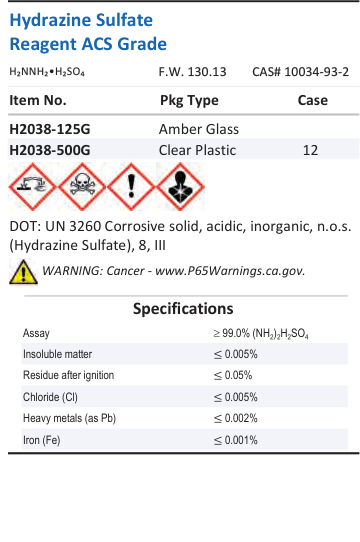 Aqua Solutions Hydrazine Sulfate Reagent ACS Grade catalog panel