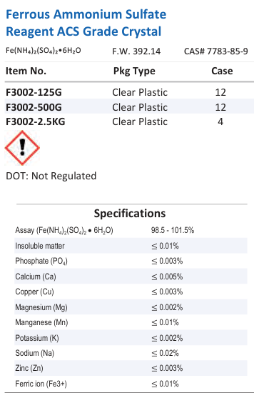 Aqua Solutions Ferrous Ammonium Sulfate Reagent ACS Grade Crystal catalog panel