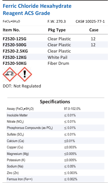 Aqua Solutions Ferric Chloride Hexahydrate Reagent ACS Grade catalog panel