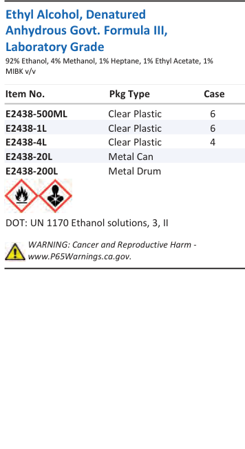 Aqua Solutions Ethyl Alcohol, Denatured Anhydrous Govt. Formula III, Laboratory Grade catalog panel
