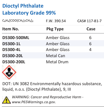 Aqua Solutions Dioctyl Phthalate Laboratory Grade 99% catalog panel
