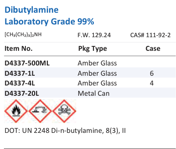 Aqua Solutions Dibutylamine Laboratory Grade 99% catalog panel
