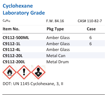 Aqua Solutions Cyclohexane Laboratory Grade catalog panel