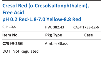 Aqua Solutions Cresol Red (o-Cresolsulfonphthalein), Free Acid pH 0.2 Red-1.8-7.0 Yellow-8.8 Red catalog panel