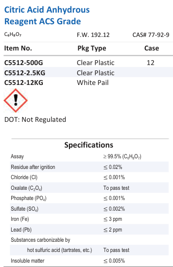 Aqua Solutions Citric Acid Anhydrous Reagent ACS Grade catalog panel