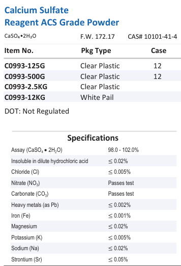 Aqua Solutions Calcium Sulfate Reagent ACS Grade Powder catalog panel