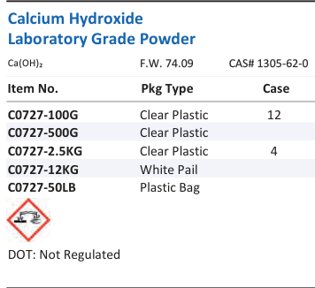Aqua Solutions Calcium Hydroxide Laboratory Grade Powder catalog panel