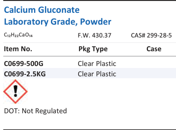 Aqua Solutions Calcium Gluconate Laboratory Grade, Powder catalog panel