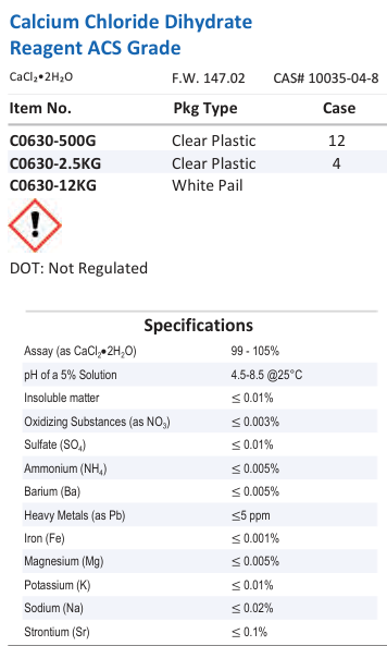 Aqua Solutions Calcium Chloride Dihydrate Reagent ACS Grade catalog panel