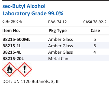 Aqua Solutions sec-Butyl Alcohol Laboratory Grade 99.0% catalog panel