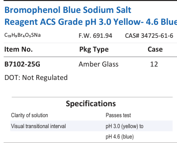 Aqua Solutions Bromophenol Blue Sodium Salt Reagent ACS Grade pH 3.0 Yellow- 4.6 Blue catalog panel