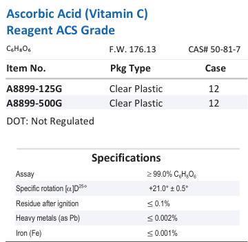 Aqua Solutions Ascorbic Acid (Vitamin C) Reagent ACS Grade catalog panel