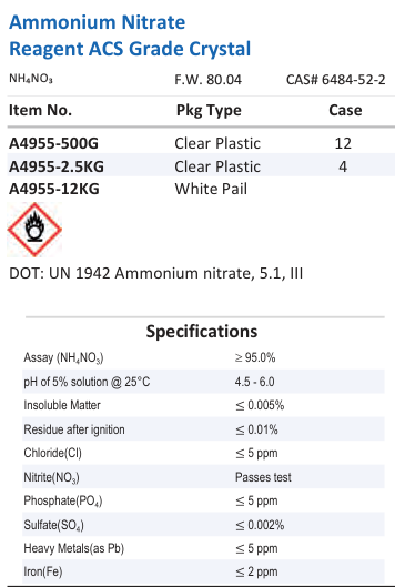 Aqua Solutions Ammonium Nitrate Reagent ACS Grade Crystal catalog panel