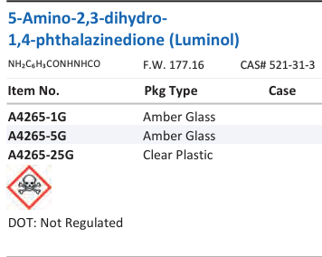 Aqua Solutions 5-Amino-2,3-dihydro- 1,4-phthalazinedione (Luminol) catalog panel