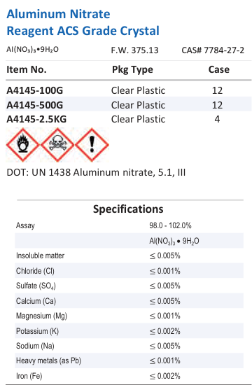 Aqua Solutions Aluminum Nitrate Reagent ACS Grade Crystal catalog panel