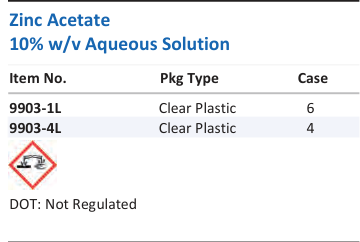 Aqua Solutions Zinc Acetate 10% w/v Aqueous Solution catalog panel