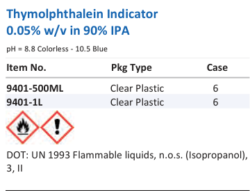Aqua Solutions Thymolphthalein Indicator 0.05% w/v in 90% IPA catalog panel