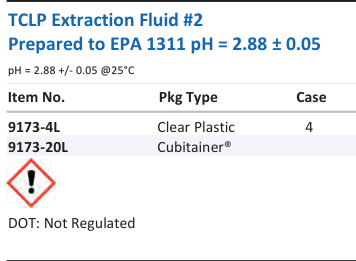 Aqua Solutions TCLP Extraction Fluid #2 Prepared to EPA 1311 pH = 2.88 ± 0.05 catalog panel