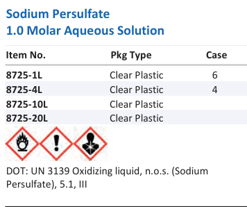 Aqua Solutions Sodium Persulfate 1.0 Molar Aqueous Solution catalog panel