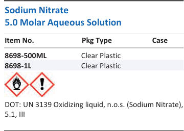 Aqua Solutions Sodium Nitrate 5.0 Molar Aqueous Solution catalog panel