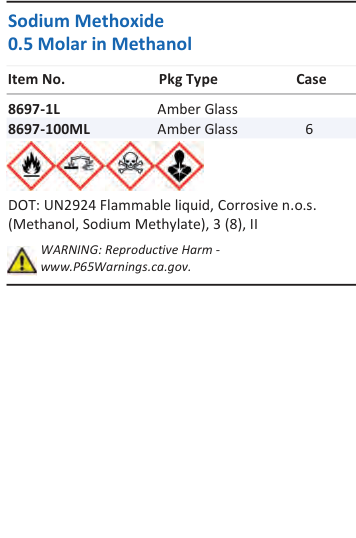 Aqua Solutions Sodium Methoxide 0.5 Molar in Methanol catalog panel