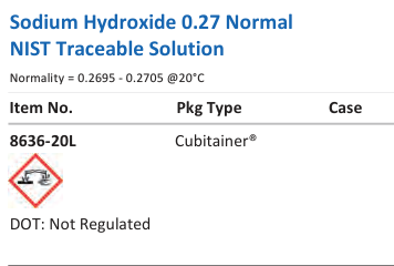 Aqua Solutions Sodium Hydroxide 0.27 Normal NIST Traceable Solution catalog panel