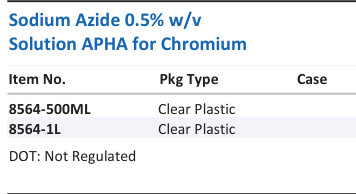 Aqua Solutions Sodium Azide 0.5% w/v Solution APHA for Chromium catalog panel