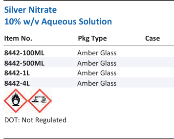 Aqua Solutions Silver Nitrate 10% w/v Aqueous Solution catalog panel