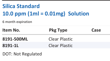 Aqua Solutions Silica Standard 10.0 ppm (1ml = 0.01mg) Solution catalog panel