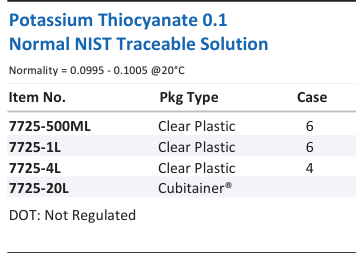 Aqua Solutions Potassium Thiocyanate 0.1 Normal NIST Traceable Solution catalog panel