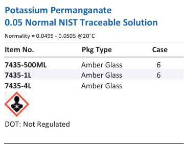 Aqua Solutions Potassium Permanganate 0.05 Normal NIST Traceable Solution catalog panel