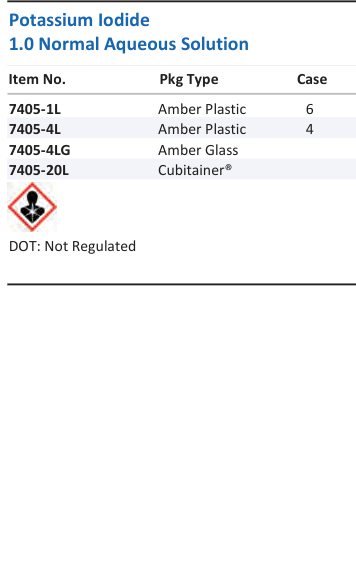 Aqua Solutions Potassium Iodide 1.0 Normal Aqueous Solution catalog panel