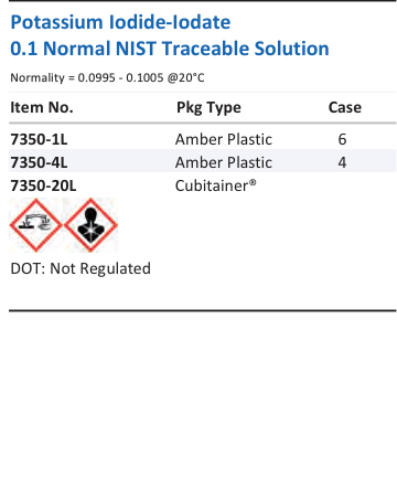 Aqua Solutions Potassium Iodide-Iodate 0.1 Normal NIST Traceable Solution catalog panel