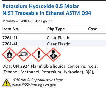 Aqua Solutions Potassium Hydroxide 0.5 Molar NIST Traceable in Ethanol ASTM D94 catalog panel