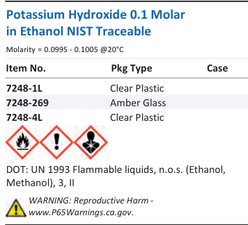 Aqua Solutions Potassium Hydroxide 0.1 Molar in Ethanol NIST Traceable catalog panel
