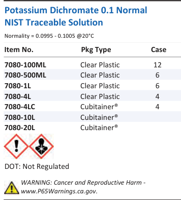 Aqua Solutions Potassium Dichromate 0.1 Normal NIST Traceable Solution catalog panel