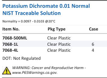Aqua Solutions Potassium Dichromate 0.01 Normal NIST Traceable Solution catalog panel