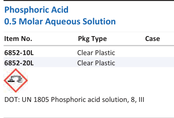 Aqua Solutions Phosphoric Acid 0.5 Molar Aqueous Solution catalog panel