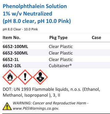 Aqua Solutions Phenolphthalein Solution 1% w/v Neutralized (pH 8.0 clear, pH 10.0 Pink) catalog panel