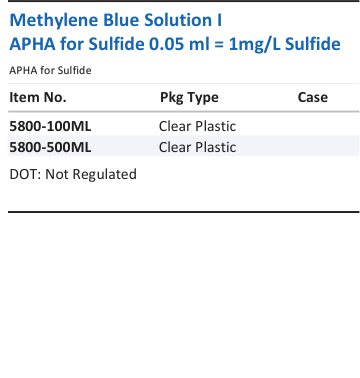 Aqua Solutions Methylene Blue Solution I APHA for Sulfide 0.05 ml = 1mg/L Sulfide catalog panel
