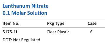 Aqua Solutions Lanthanum Nitrate 0.1 Molar Solution catalog panel