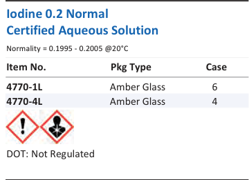 Aqua Solutions Iodine 0.2 Normal Certified Aqueous Solution catalog panel