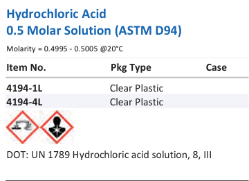 Aqua Solutions Hydrochloric Acid 0.5 Molar Solution (ASTM D94) catalog panel