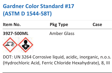 Aqua Solutions Gardner Color Standard #17 (ASTM D 1544-58T) catalog panel