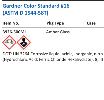 Aqua Solutions Gardner Color Standard #16 (ASTM D 1544-58T) catalog panel