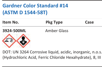 Aqua Solutions Gardner Color Standard #14 (ASTM D 1544-58T) catalog panel